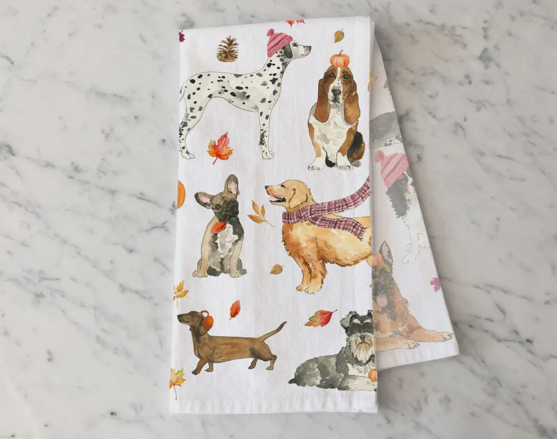 Cozy Fall Dogs Tea Towel