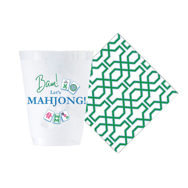 BUNDLE: MAHJONG SHATTERPROOF CUPS AND GREEN BAMBOO TRELLIS COCKTAIL NAPKINS