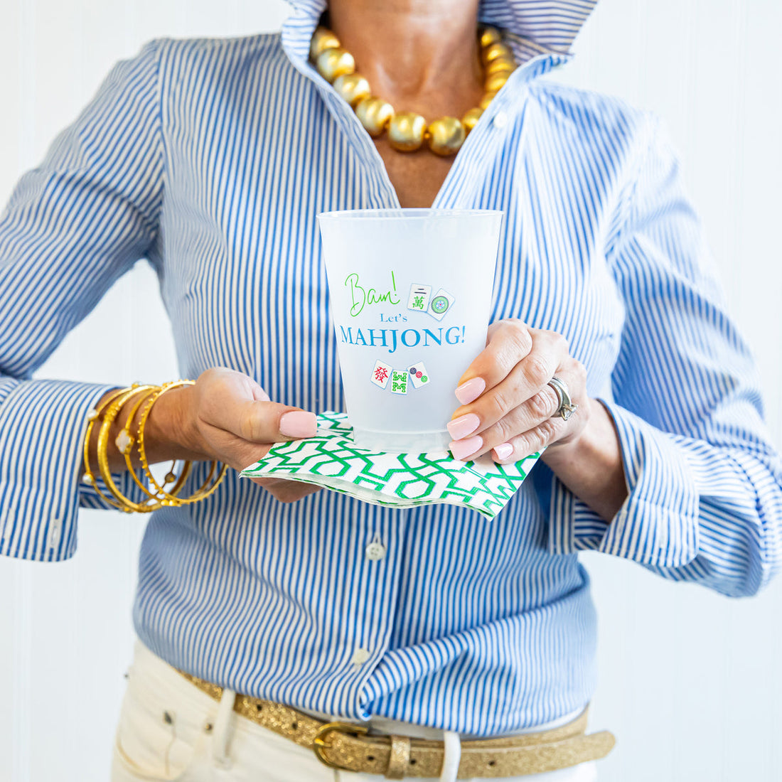 BUNDLE: MAHJONG SHATTERPROOF CUPS AND GREEN BAMBOO TRELLIS COCKTAIL NAPKINS
